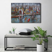 3D Wall Art Painting Bridge & Sailboats Mixed Media Metal Wood