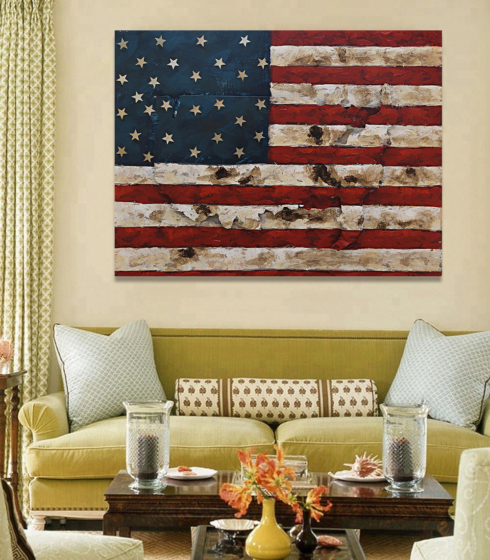 American Flag & Map 3D Wall Art Metal Cutout on Wood Canvas