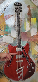 Red Guitar 3D Wall Art Metal Cutout Mixed Media Assemblage