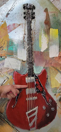 Red Guitar 3D Wall Art Metal Cutout Mixed Media Assemblage