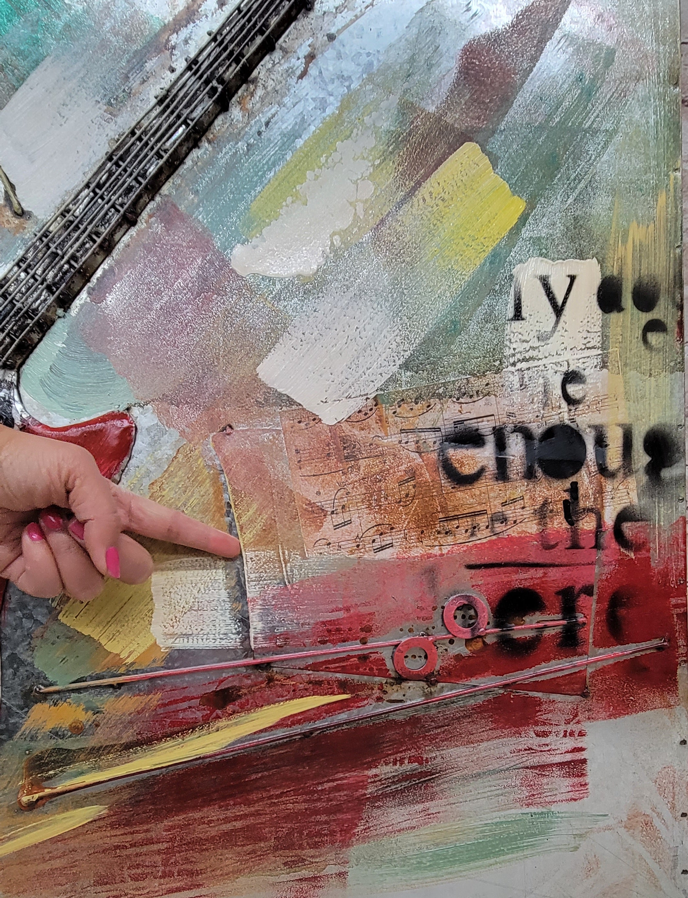 Red Guitar 3D Wall Art Metal Cutout Mixed Media Assemblage