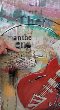 Red Guitar 3D Wall Art Metal Cutout Mixed Media Assemblage
