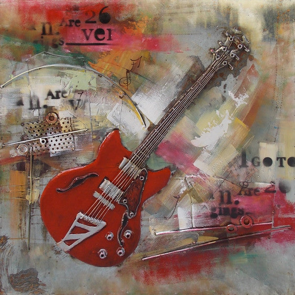 Red Guitar 3D Wall Art Metal Cutout Mixed Media Assemblage
