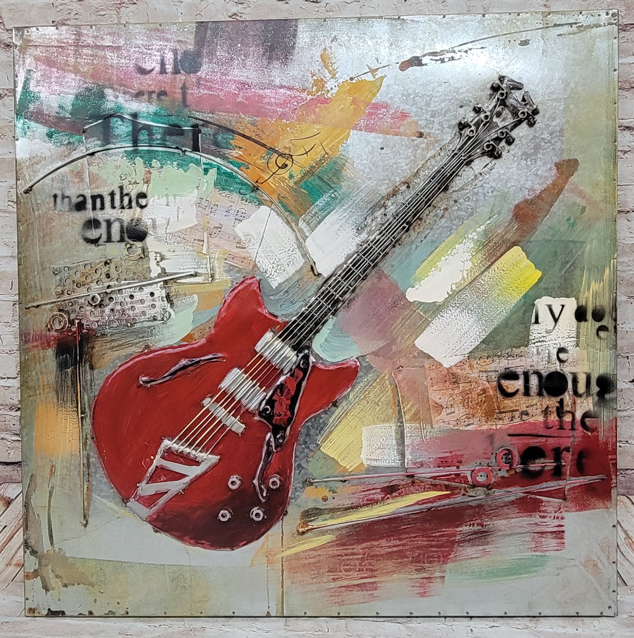 Red Guitar 3D Wall Art Metal Cutout Mixed Media Assemblage
