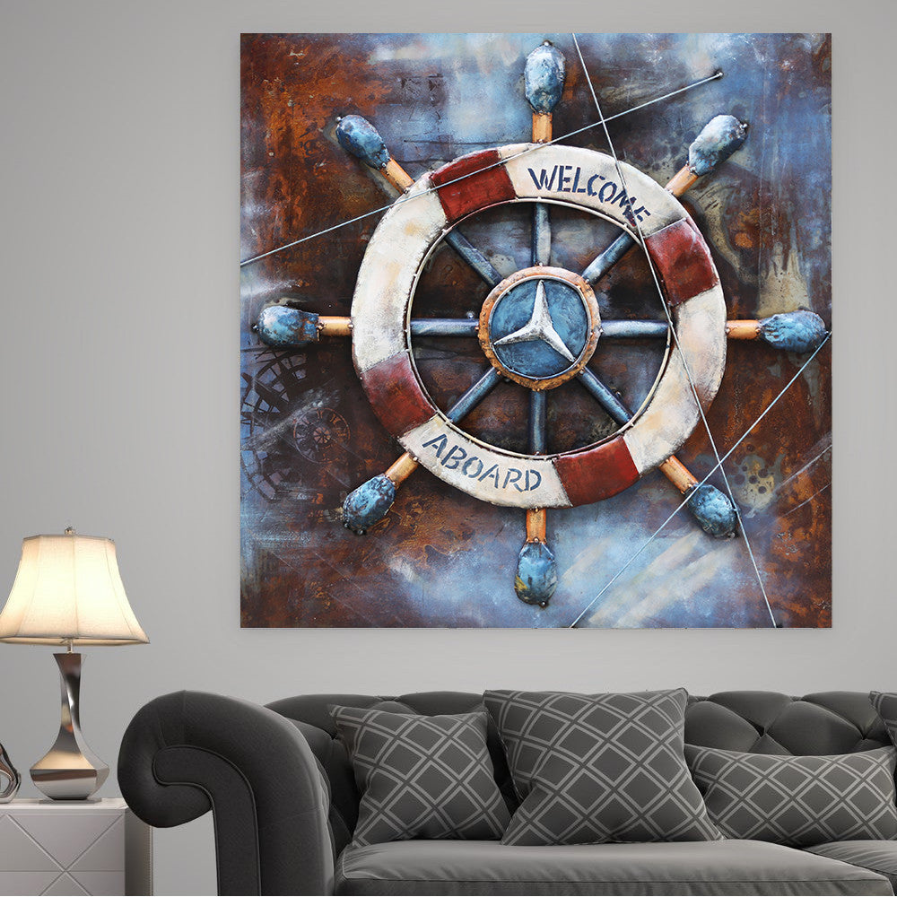 Welcome Aboard Ship Wheel Deck Wall Art 3-D Oil Painting