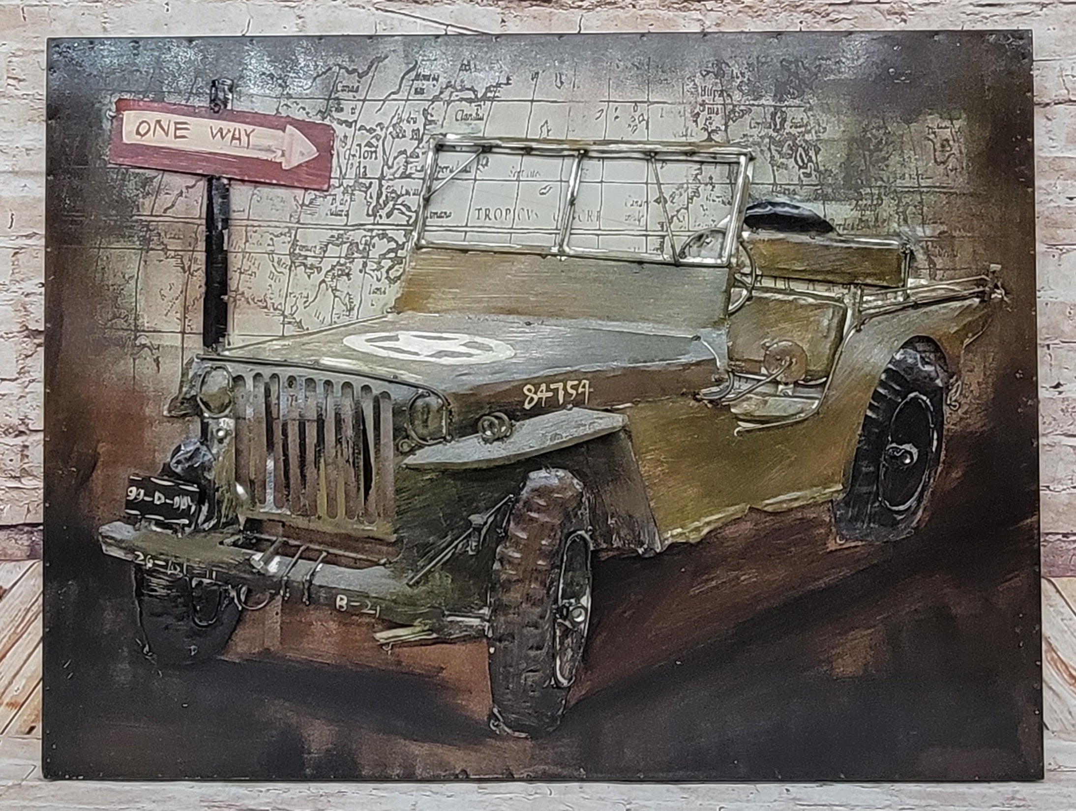 Vintage Willys Military Jeep 3D Wall Art Metal & Wood