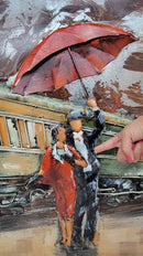 Romantic Couple Waiting for Train in Rain Metal 3D Wall Art