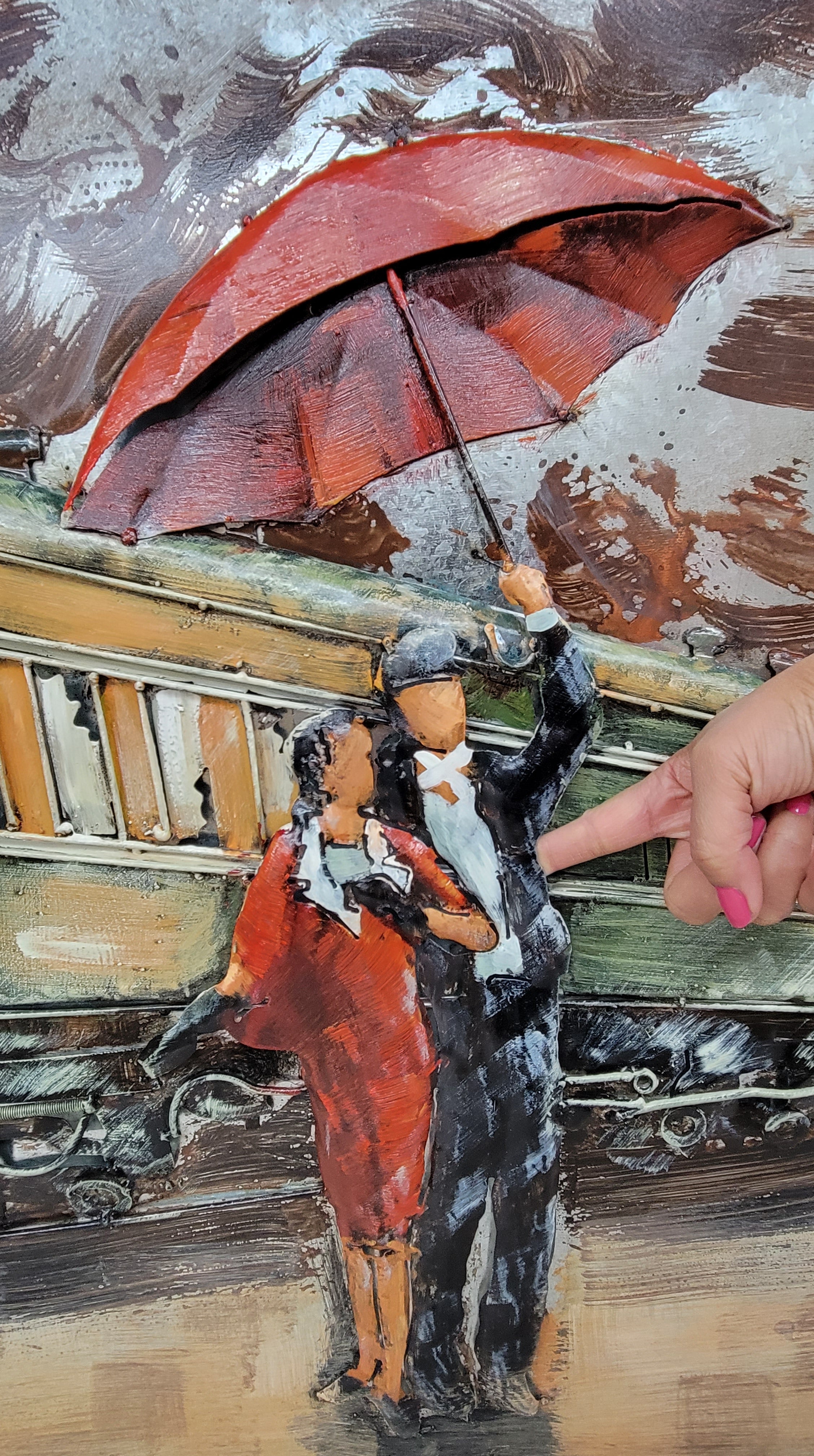 Romantic Couple Waiting for Train in Rain Metal 3D Wall Art