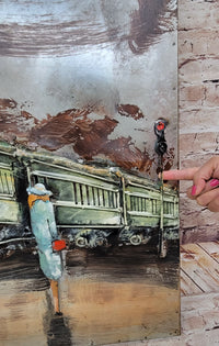 Romantic Couple Waiting for Train in Rain Metal 3D Wall Art