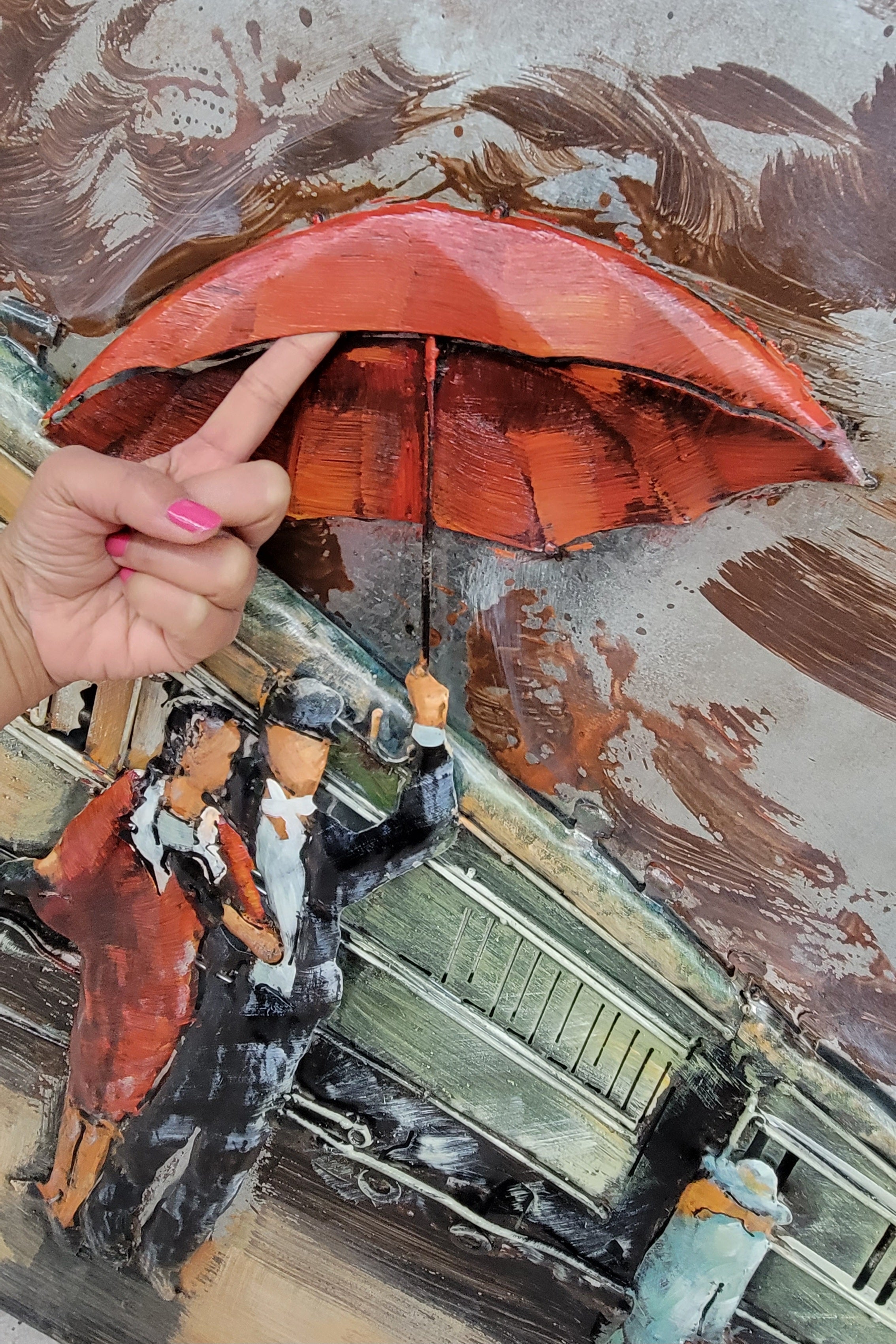 Romantic Couple Waiting for Train in Rain Metal 3D Wall Art