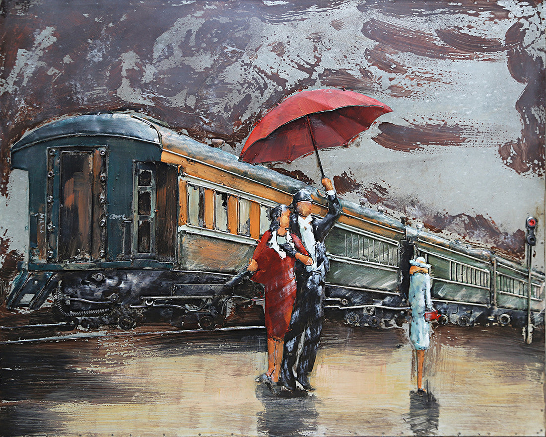 Romantic Couple Waiting for Train in Rain Metal 3D Wall Art