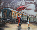 Romantic Couple Waiting for Train in Rain Metal 3D Wall Art