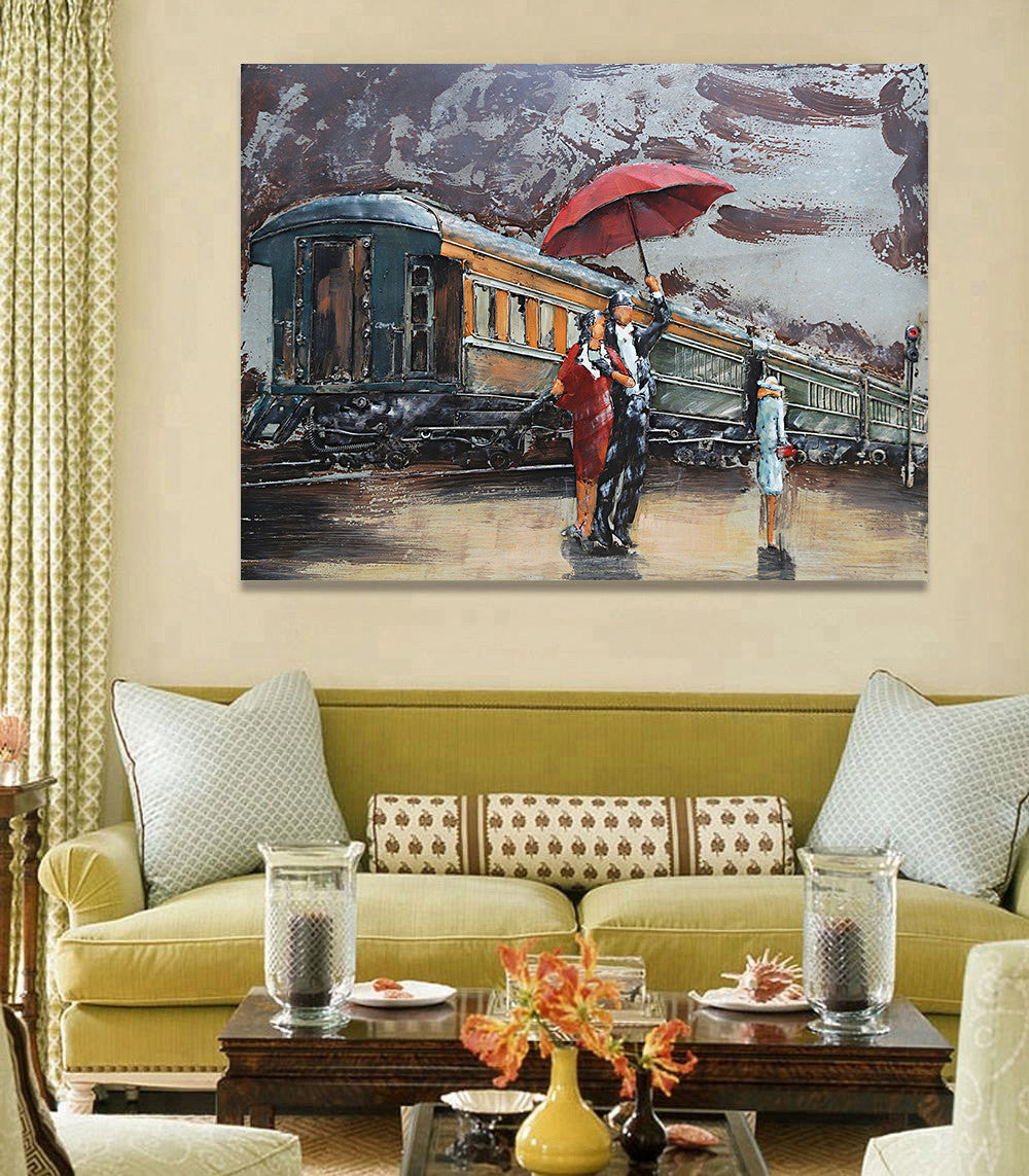 Romantic Couple Waiting for Train in Rain Metal 3D Wall Art
