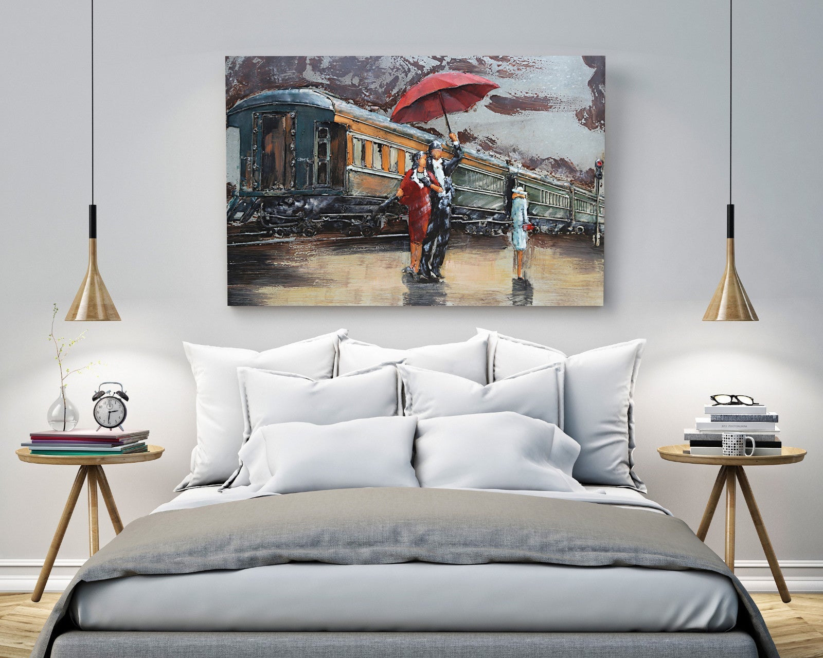 Romantic Couple Waiting for Train in Rain Metal 3D Wall Art