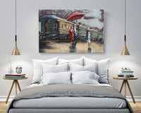 Romantic Couple Waiting for Train in Rain Metal 3D Wall Art