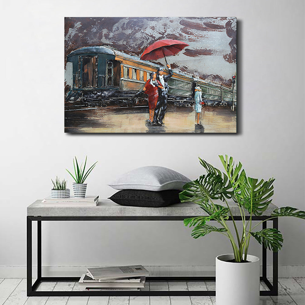Romantic Couple Waiting for Train in Rain Metal 3D Wall Art