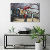 Romantic Couple Waiting for Train in Rain Metal 3D Wall Art