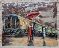 Romantic Couple Waiting for Train in Rain Metal 3D Wall Art