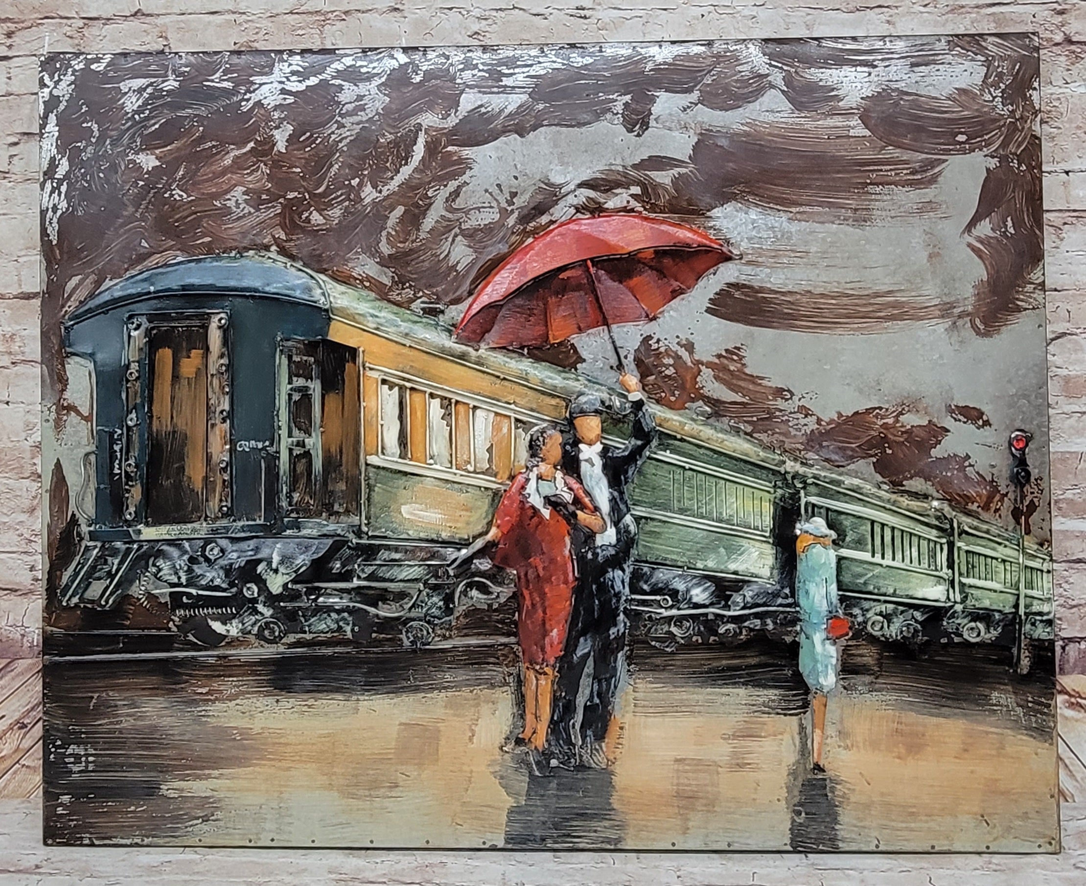 Romantic Couple Waiting for Train in Rain Metal 3D Wall Art