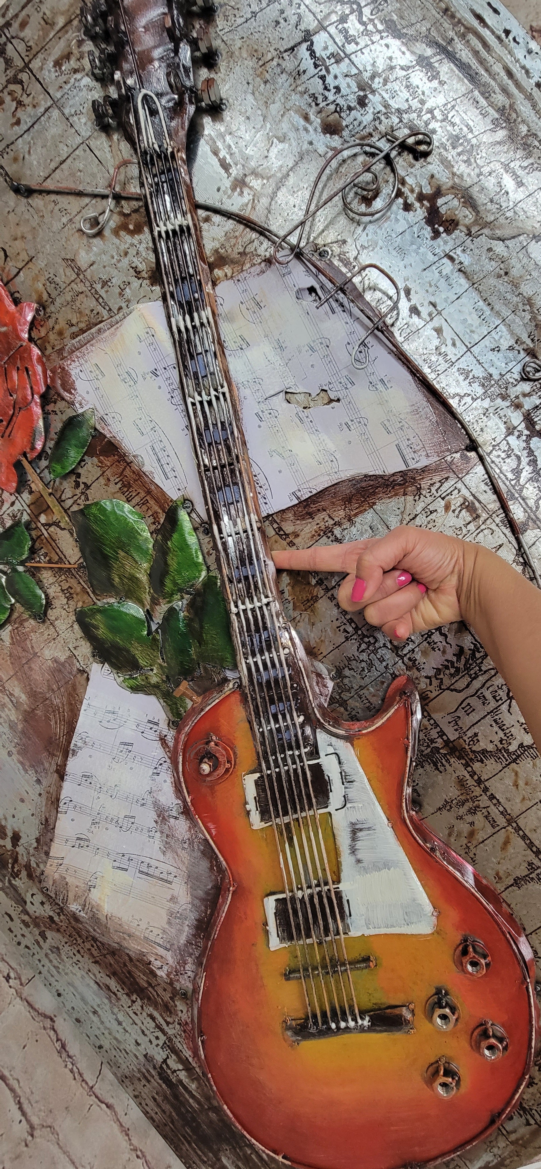 Guitar and Rose 3D Wall Art Painting on Metallic Canvas
