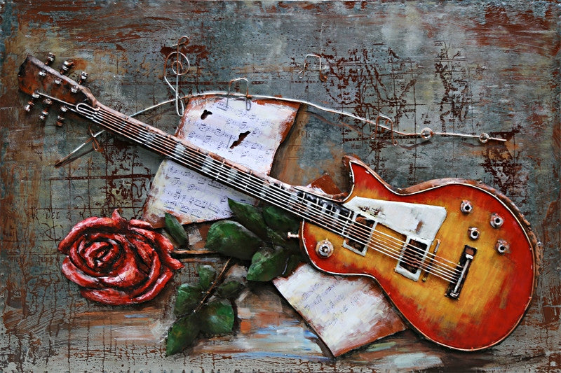 Guitar and Rose 3D Wall Art Painting on Metallic Canvas