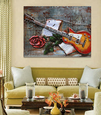 Guitar and Rose 3D Wall Art Painting on Metallic Canvas