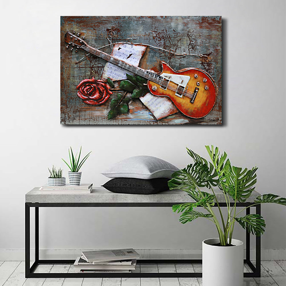 Guitar and Rose 3D Wall Art Painting on Metallic Canvas