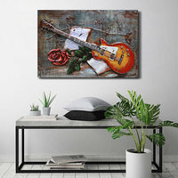 Guitar and Rose 3D Wall Art Painting on Metallic Canvas