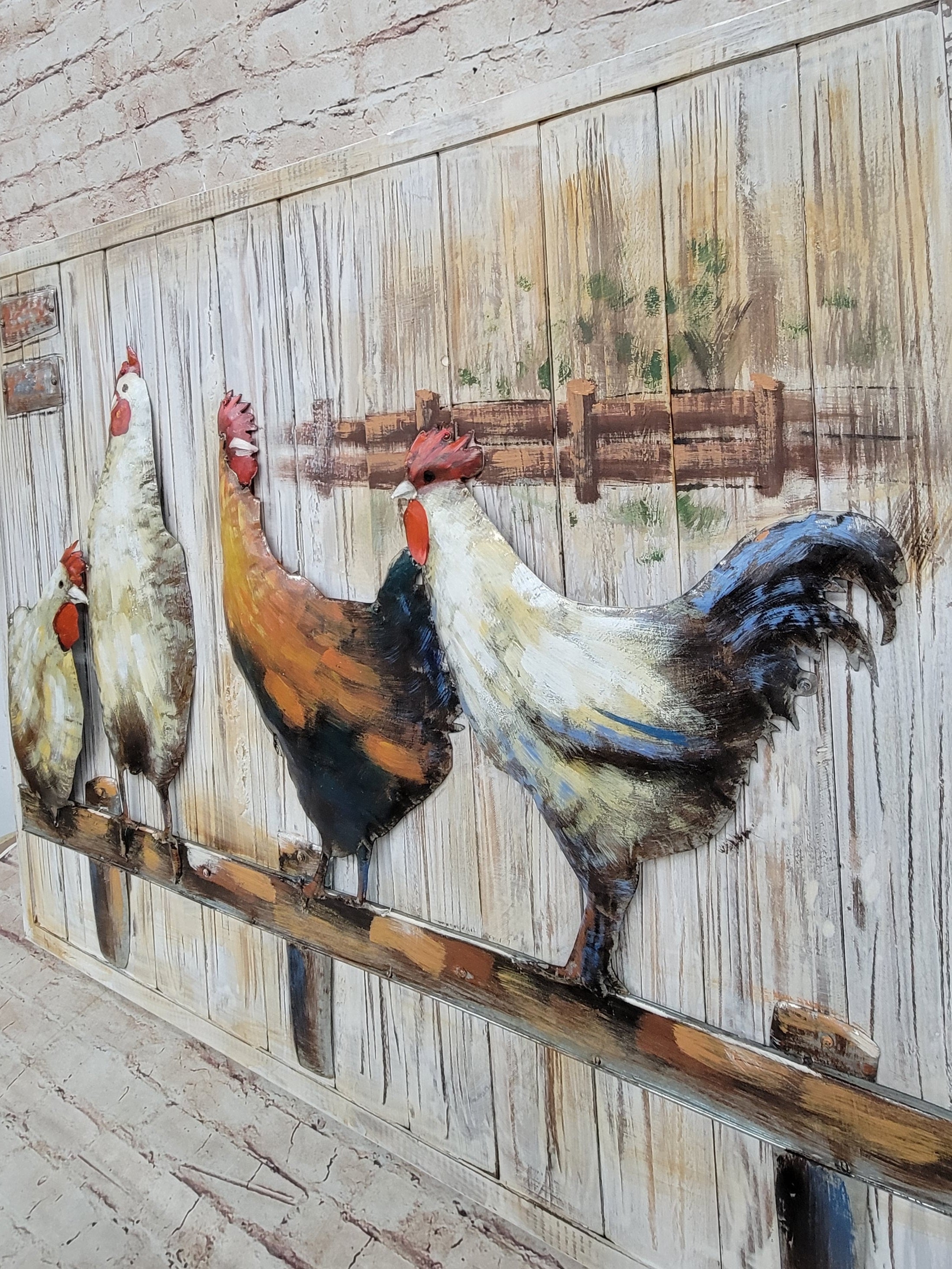 Chicken Coop Roosters 3D Mixed Media Wall Art on Metal & Wood
