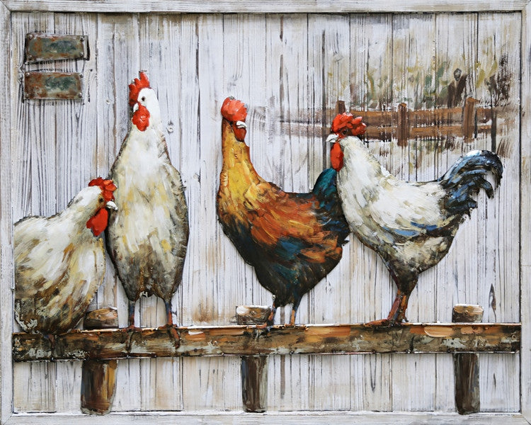 Chicken Coop Roosters 3D Mixed Media Wall Art on Metal & Wood