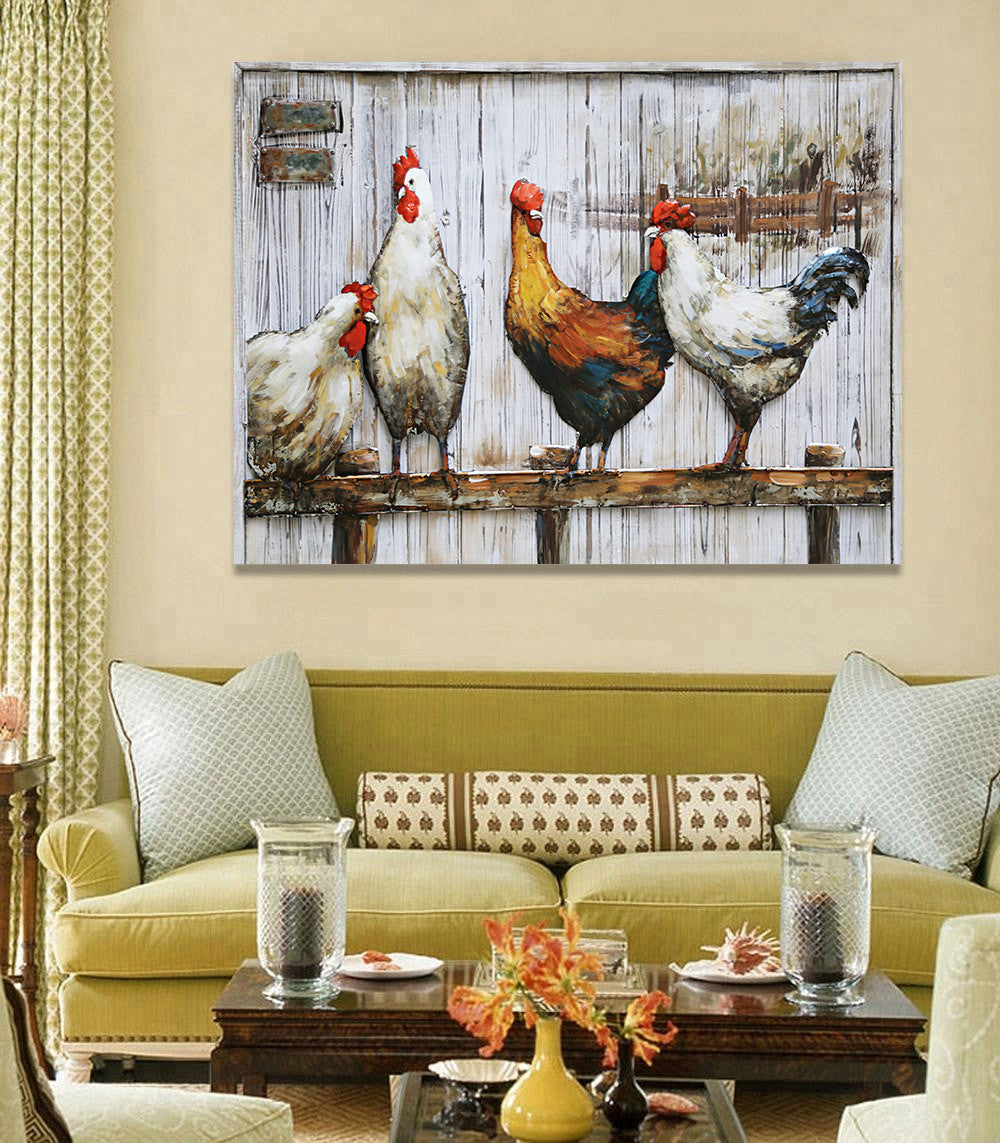 Chicken Coop Roosters 3D Mixed Media Wall Art on Metal & Wood