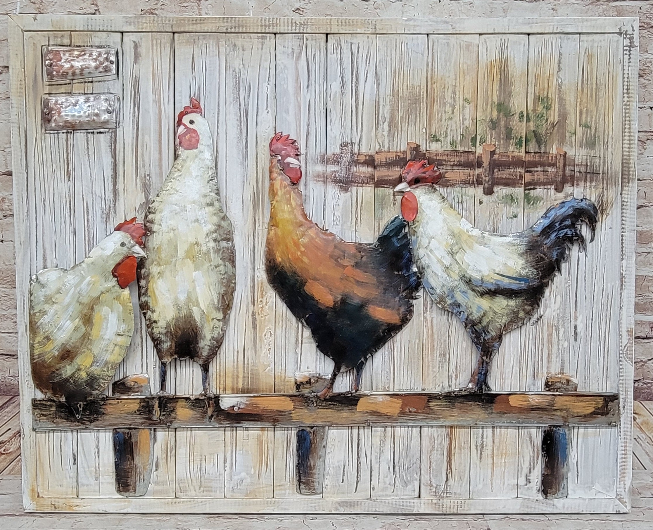 Chicken Coop Roosters 3D Mixed Media Wall Art on Metal & Wood