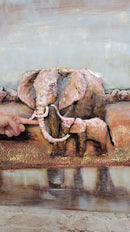 Wildlife African Elephants Family 3-D Oil Painting on Metal