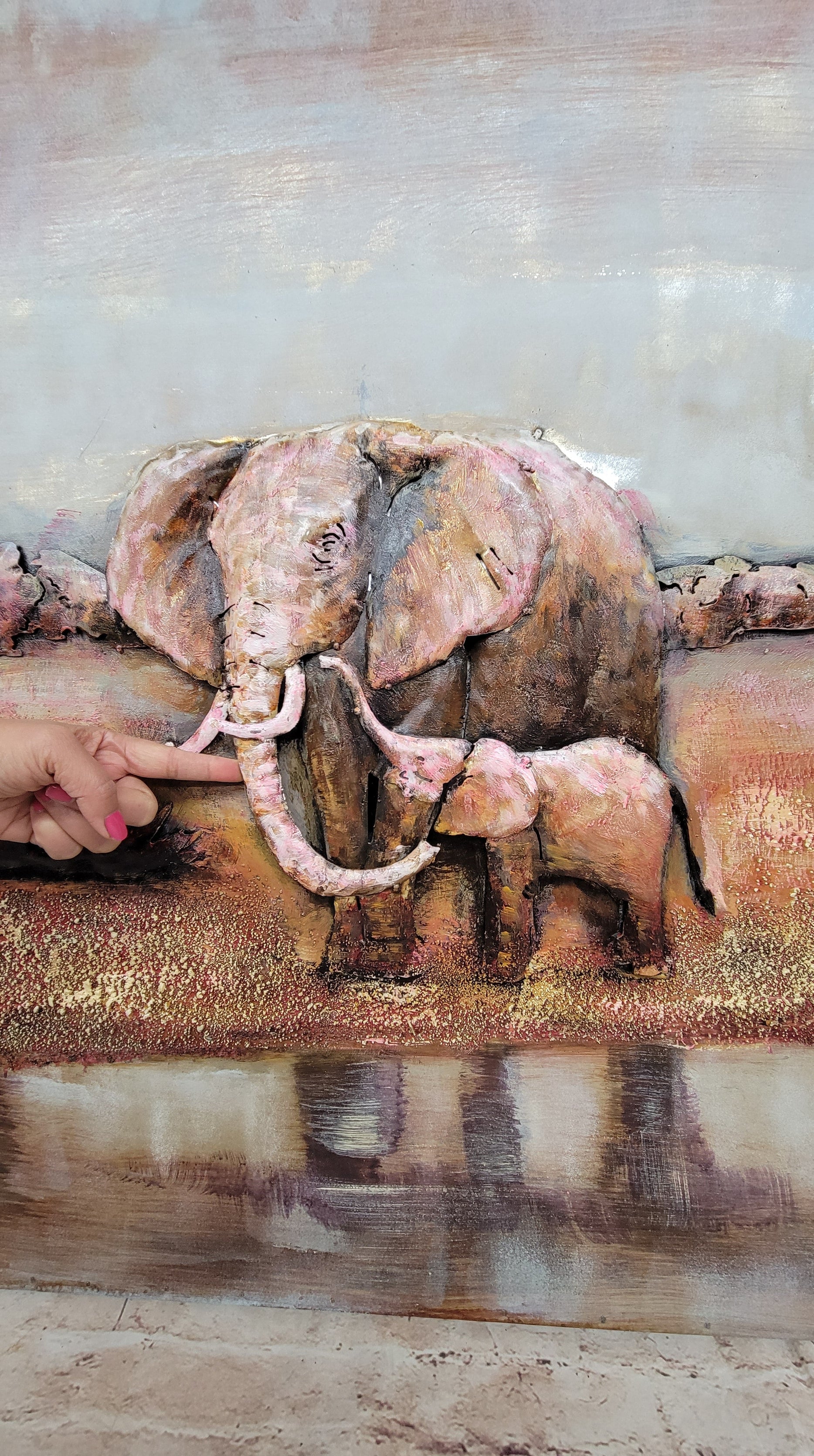 Wildlife African Elephants Family 3-D Oil Painting on Metal