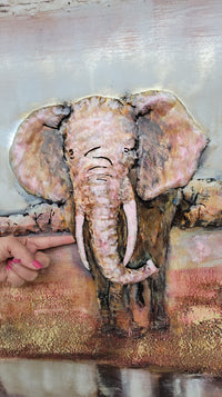 Wildlife African Elephants Family 3-D Oil Painting on Metal