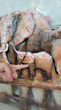 Wildlife African Elephants Family 3-D Oil Painting on Metal