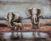 Wildlife African Elephants Family 3-D Oil Painting on Metal