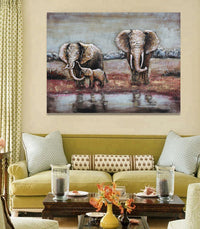 Wildlife African Elephants Family 3-D Oil Painting on Metal