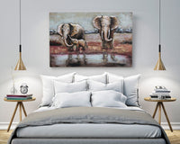 Wildlife African Elephants Family 3-D Oil Painting on Metal