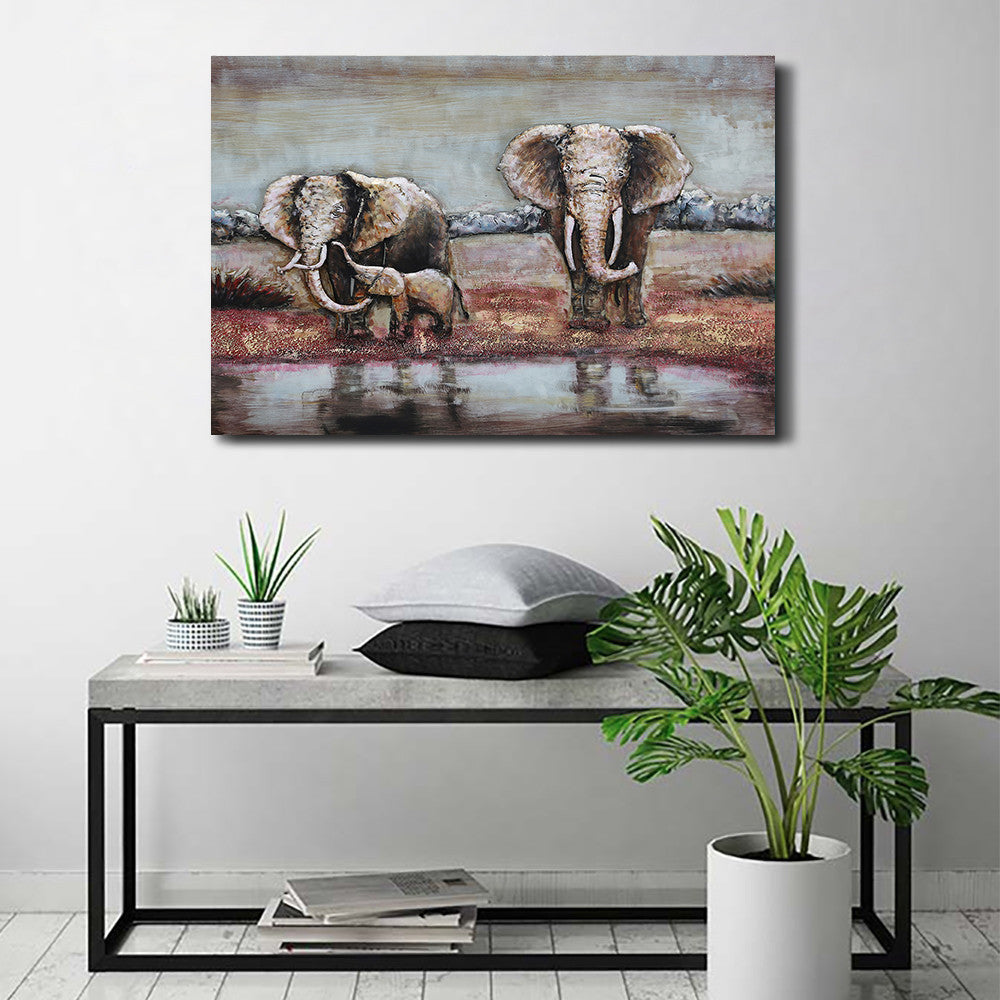 Wildlife African Elephants Family 3-D Oil Painting on Metal