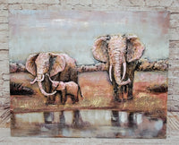 Wildlife African Elephants Family 3-D Oil Painting on Metal