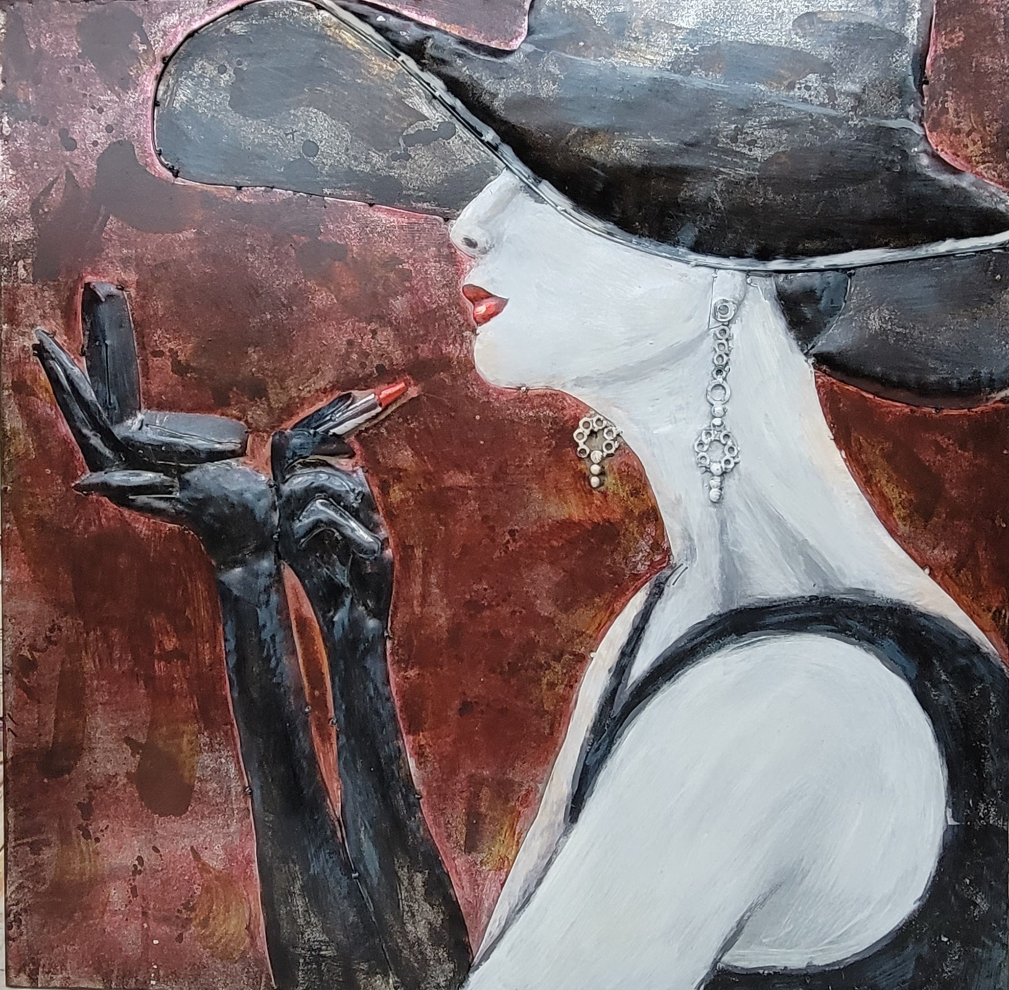 Fashionable Woman Applying Lipstick 3D Wall Art Metal & Wood