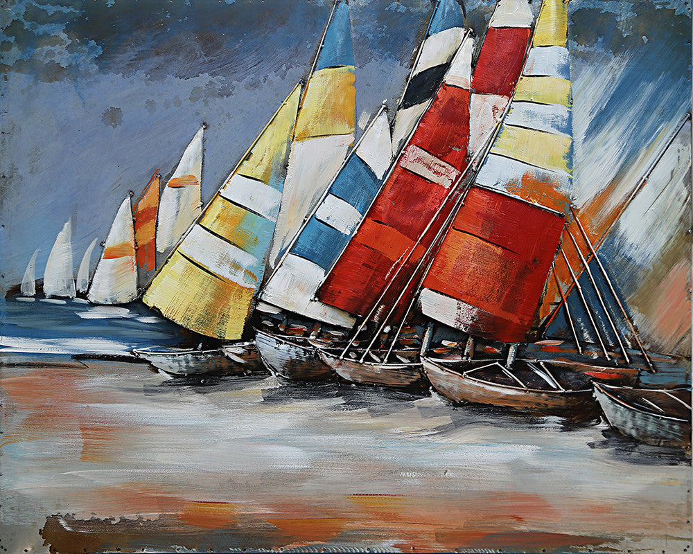 Sailboats Sailing on Ocean 3D Painting on Metal Canvas