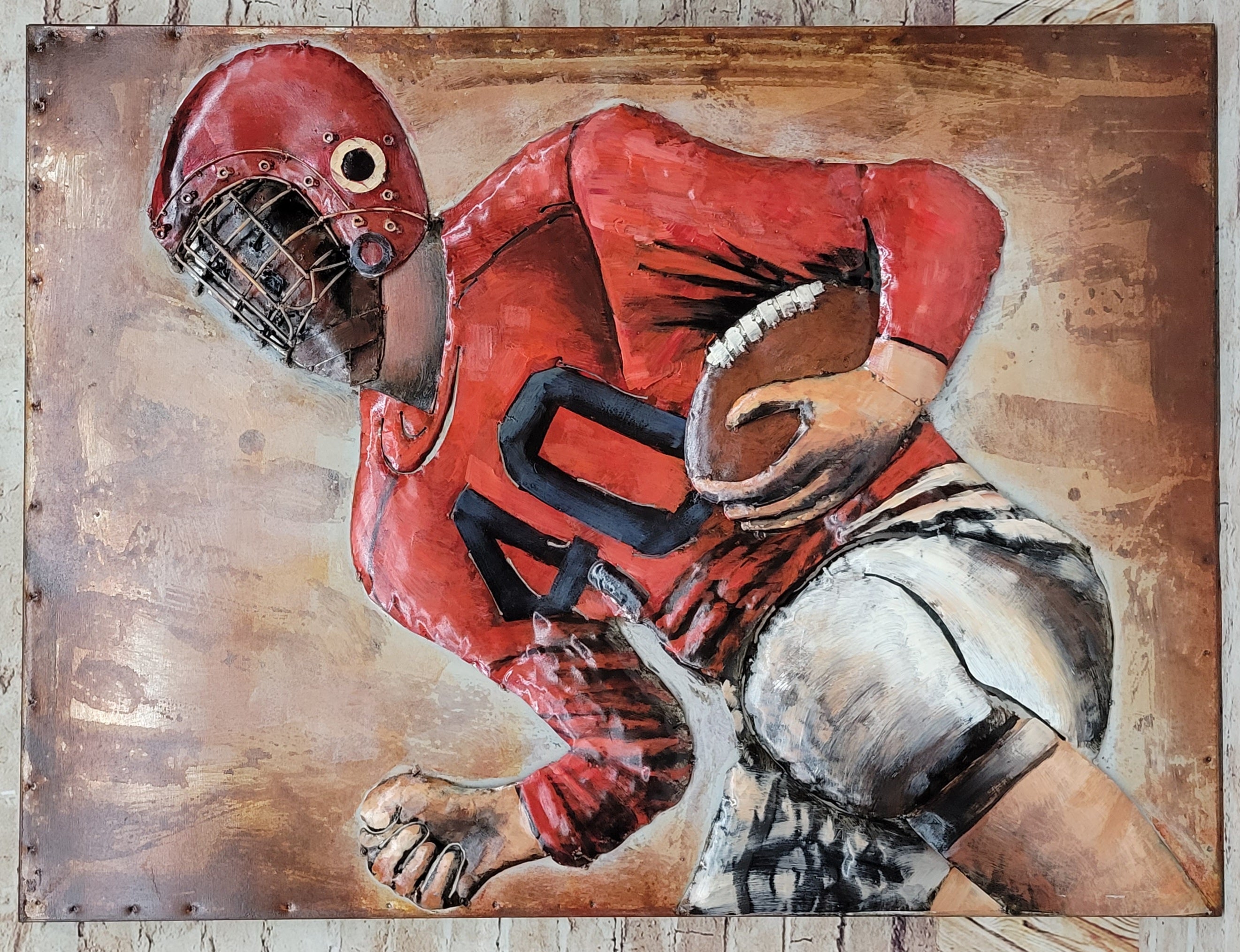 Football Player 3D Mixed Media Wall Art Metal Wood