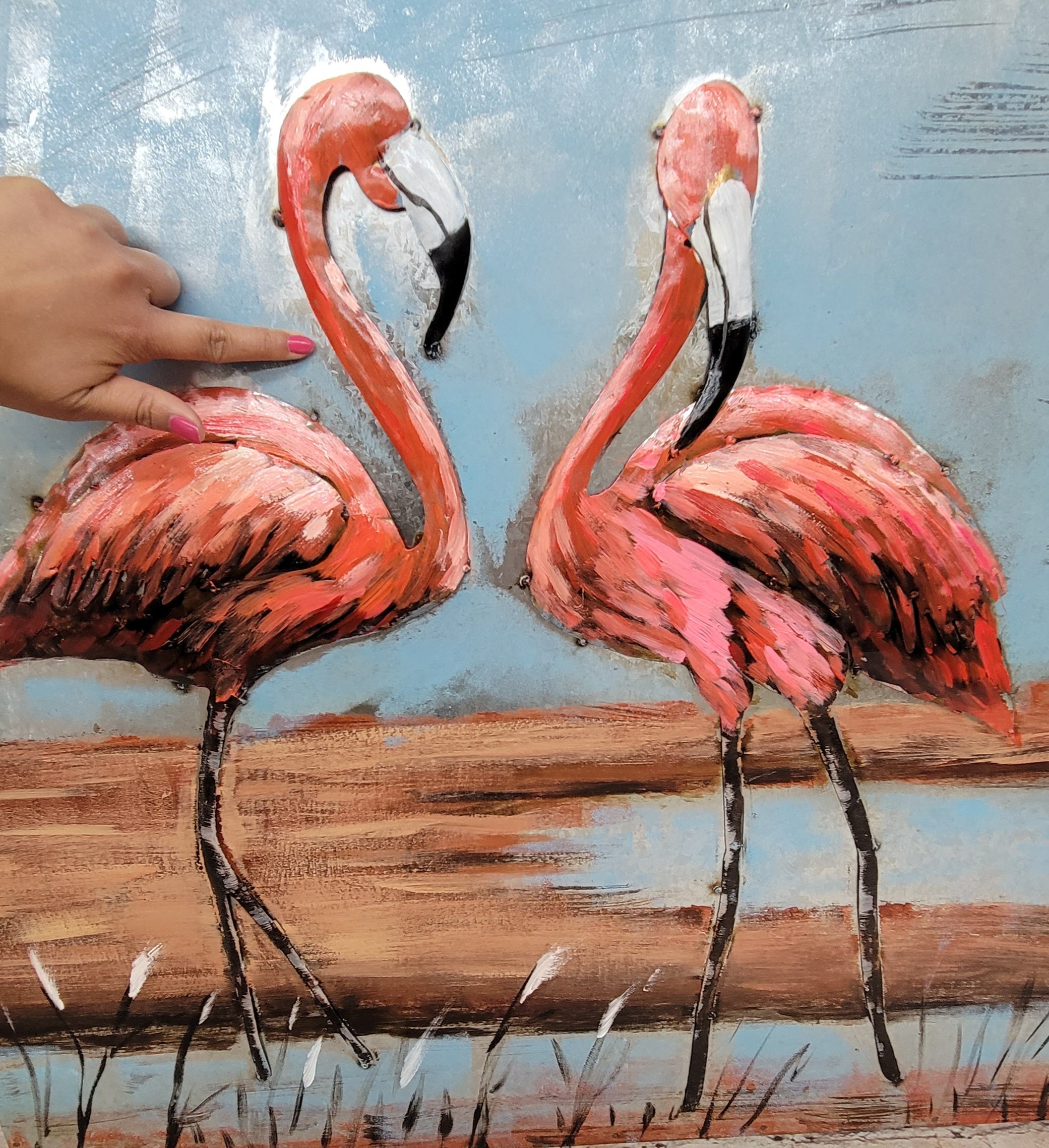 Pair of Flamingos Mixed Media 3D Wall Art on Metal & Wood
