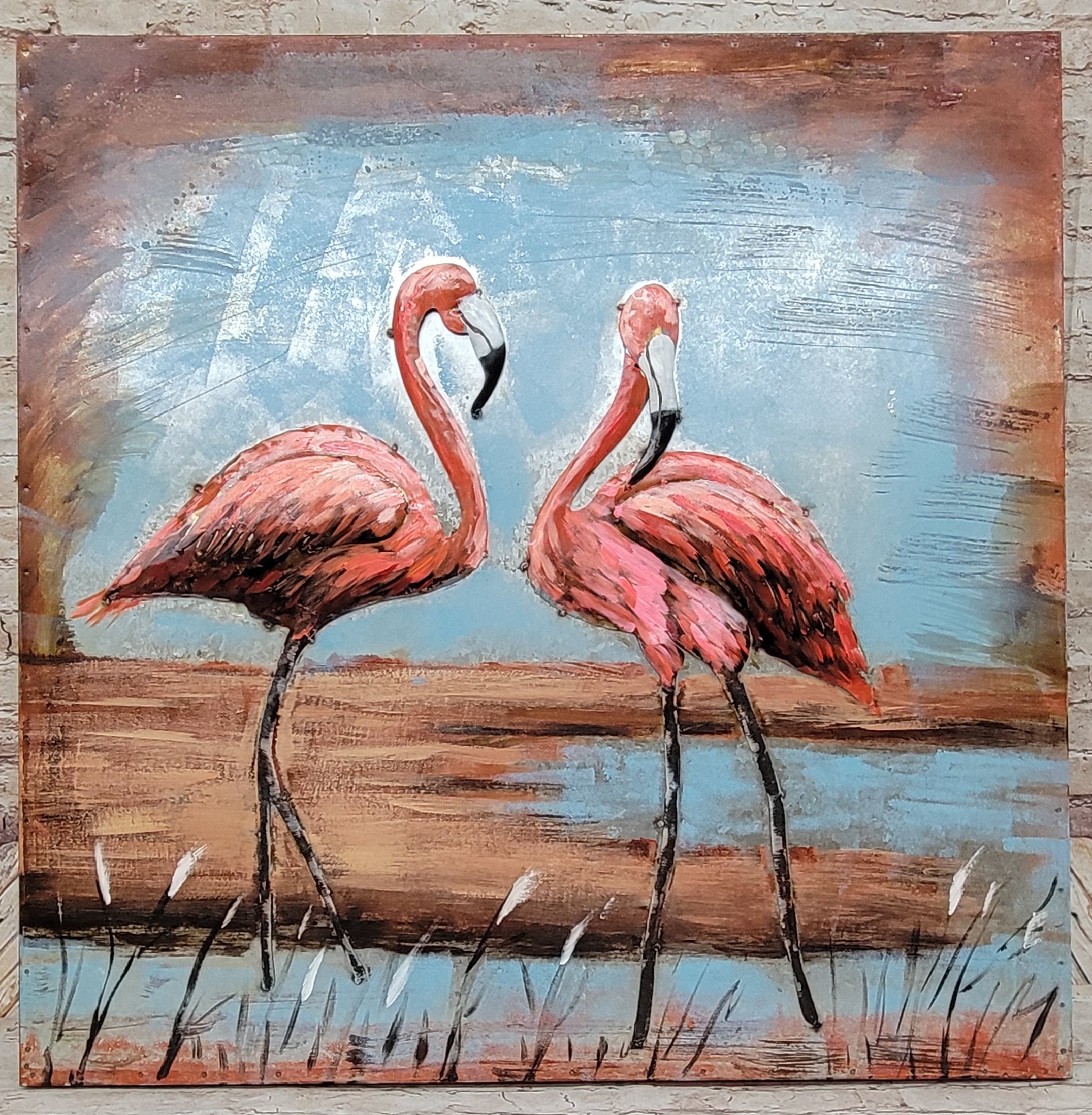 Pair of Flamingos Mixed Media 3D Wall Art on Metal & Wood