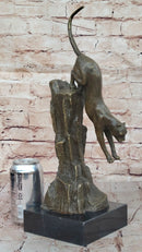 Bronze Mountain Lion Sculpture Cougar on Marble Base