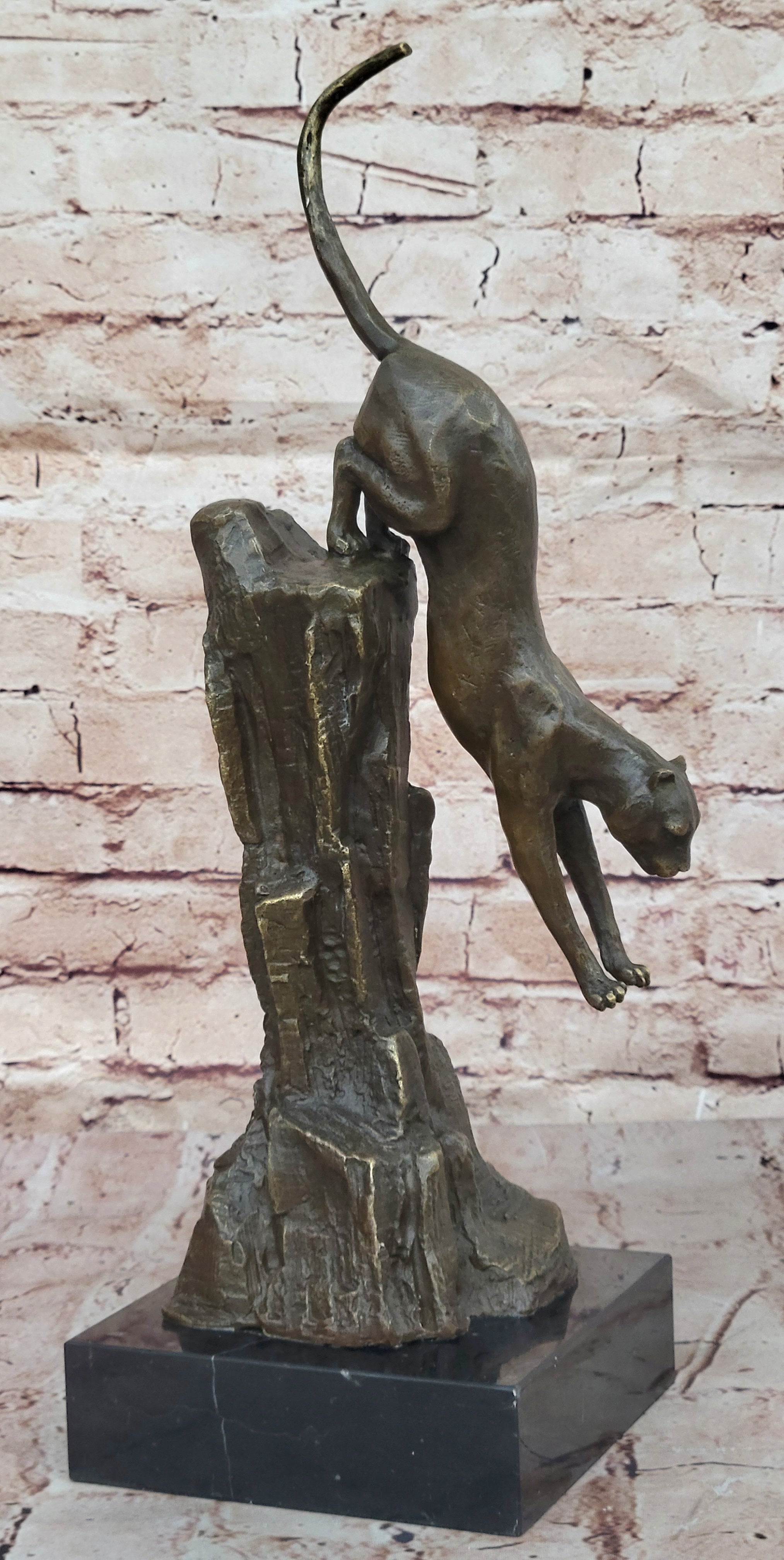 Bronze Mountain Lion Sculpture Cougar on Marble Base