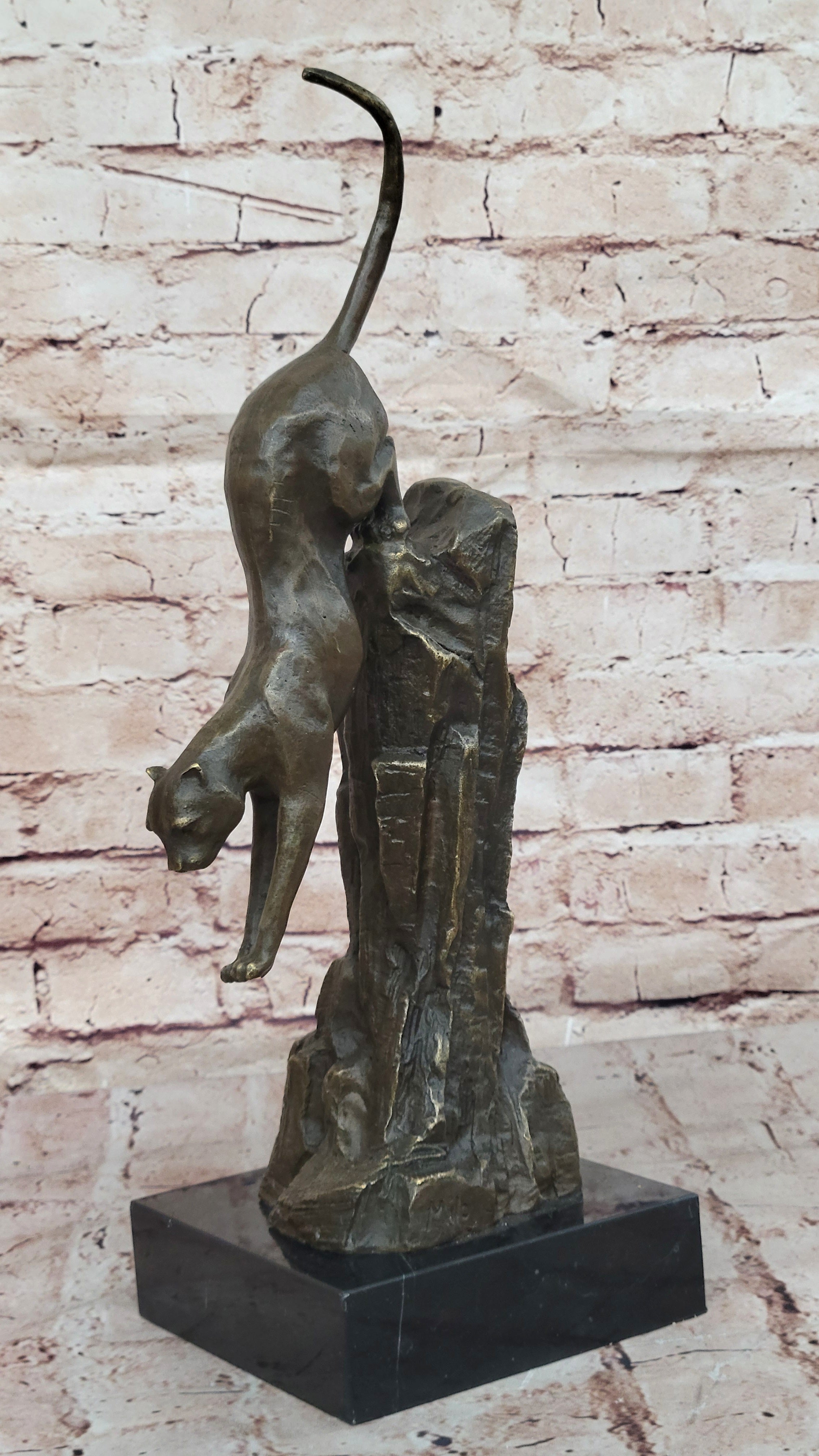 Bronze Mountain Lion Sculpture Cougar on Marble Base