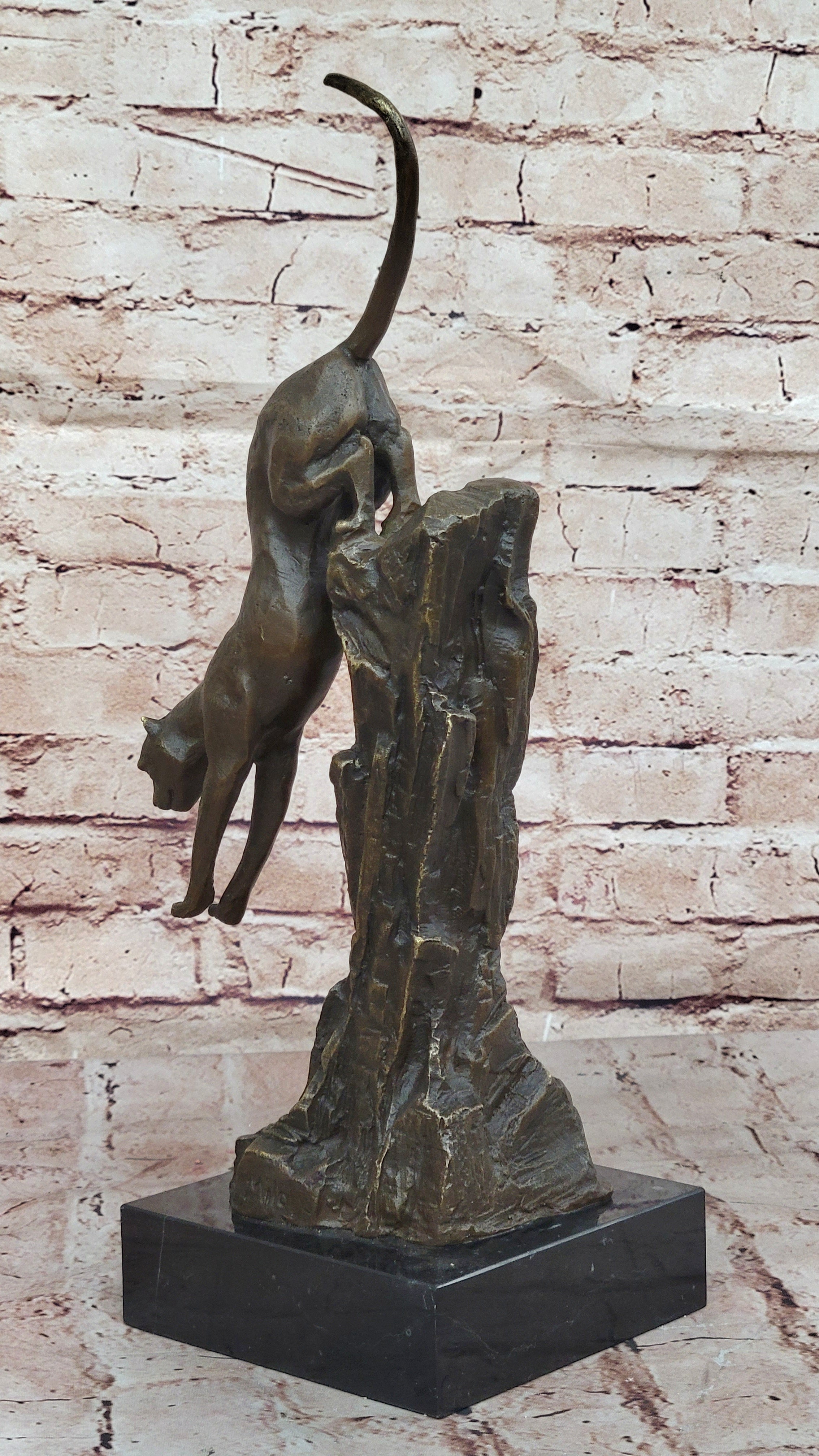 Bronze Mountain Lion Sculpture Cougar on Marble Base